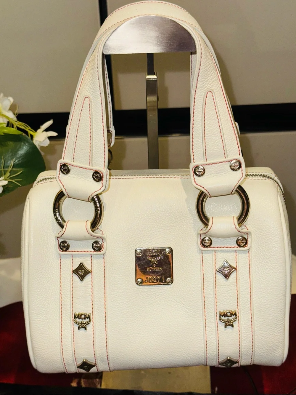 MCM - Creamy White Pebbled Leather Mini Boston w/ Gold Hardware